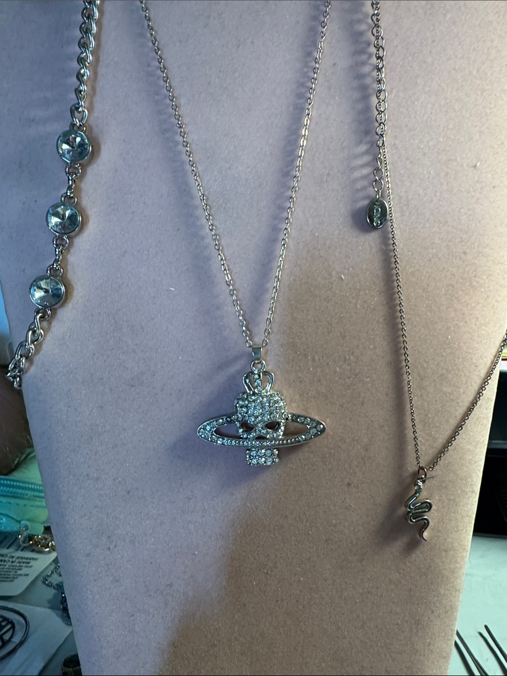 Icing Snake 8 1/2” Silver Tone Crystal 3 Orb 7”and Skull 9 1/2” Necklaces